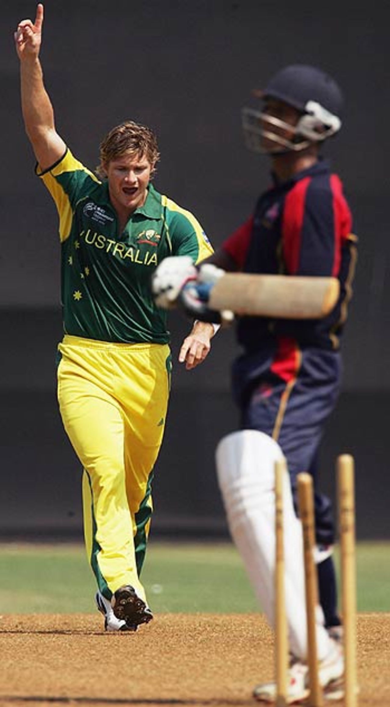 Shane Watson celebrates bowling the MCA XI's Nishit Shetty, MCA President's XI v Australians, Mumbai, October 15, 2006