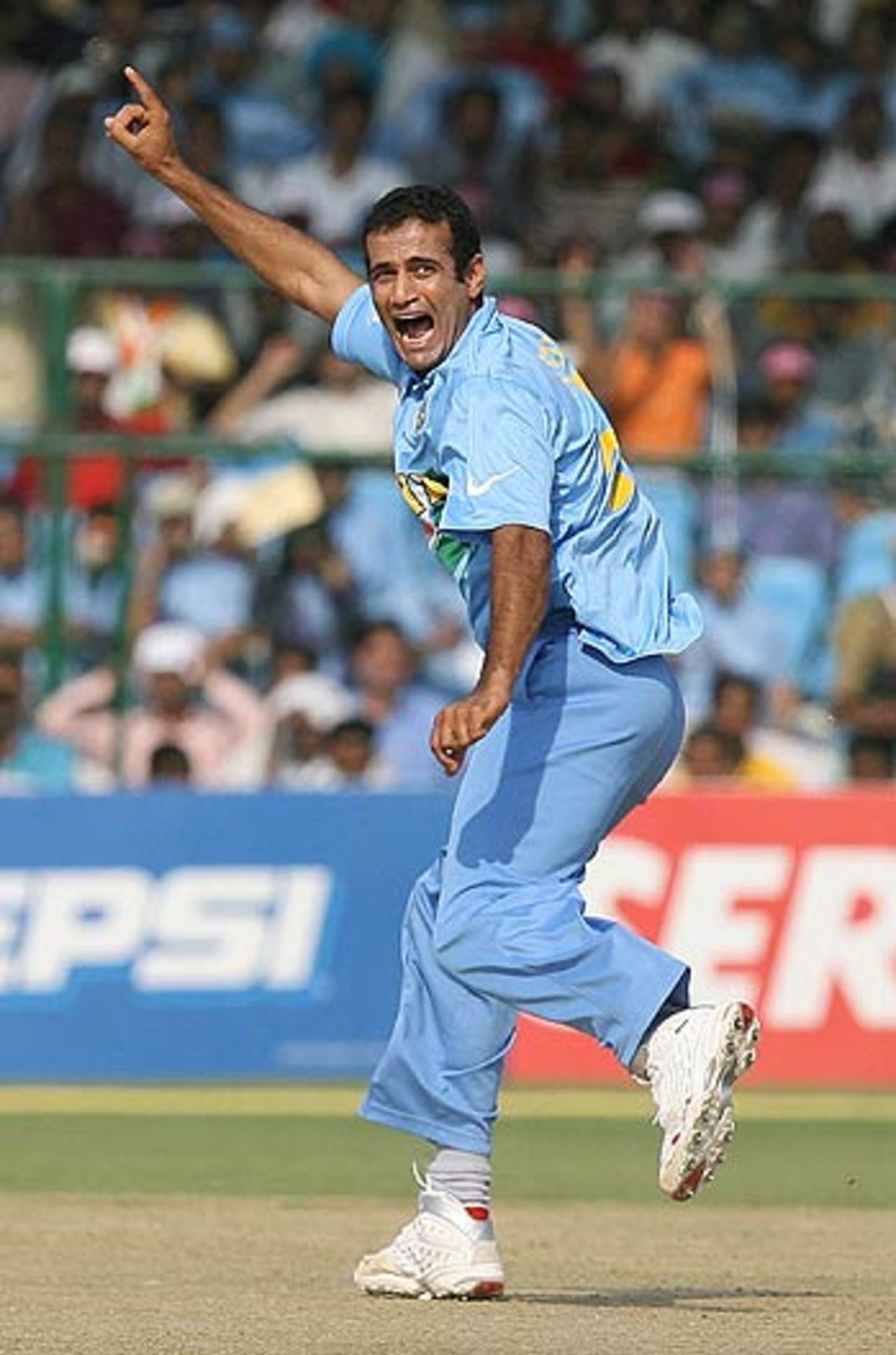 Irfan Pathan successfully appeals for the wicket of Andrew Flintoff , India v England, 1st match, Champions Trophy, Sawai Mansingh Stadium, Jaipur, October 15, 2006