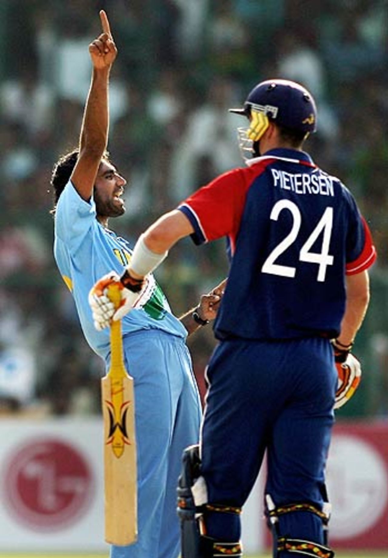 Munaf Patel sends Kevin Pietersen on his way, India v England, 1st match, Champions Trophy, Sawai Mansingh Stadium, Jaipur, October 15, 2006