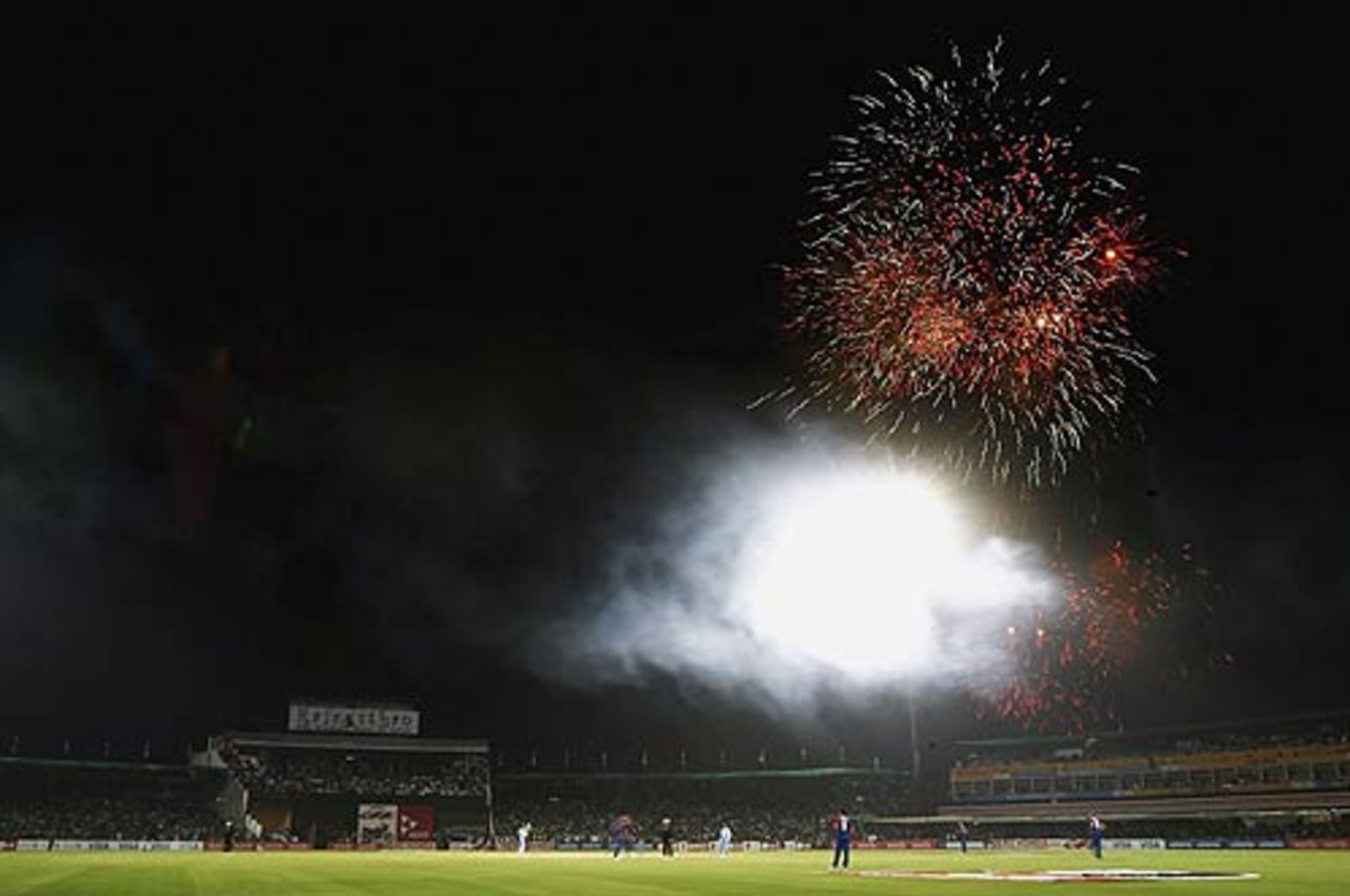 The post-match fireworks made an early appearance during India's innings, India v England, 1st match, Champions Trophy, Sawai Mansingh Stadium, Jaipur, October 15, 2006