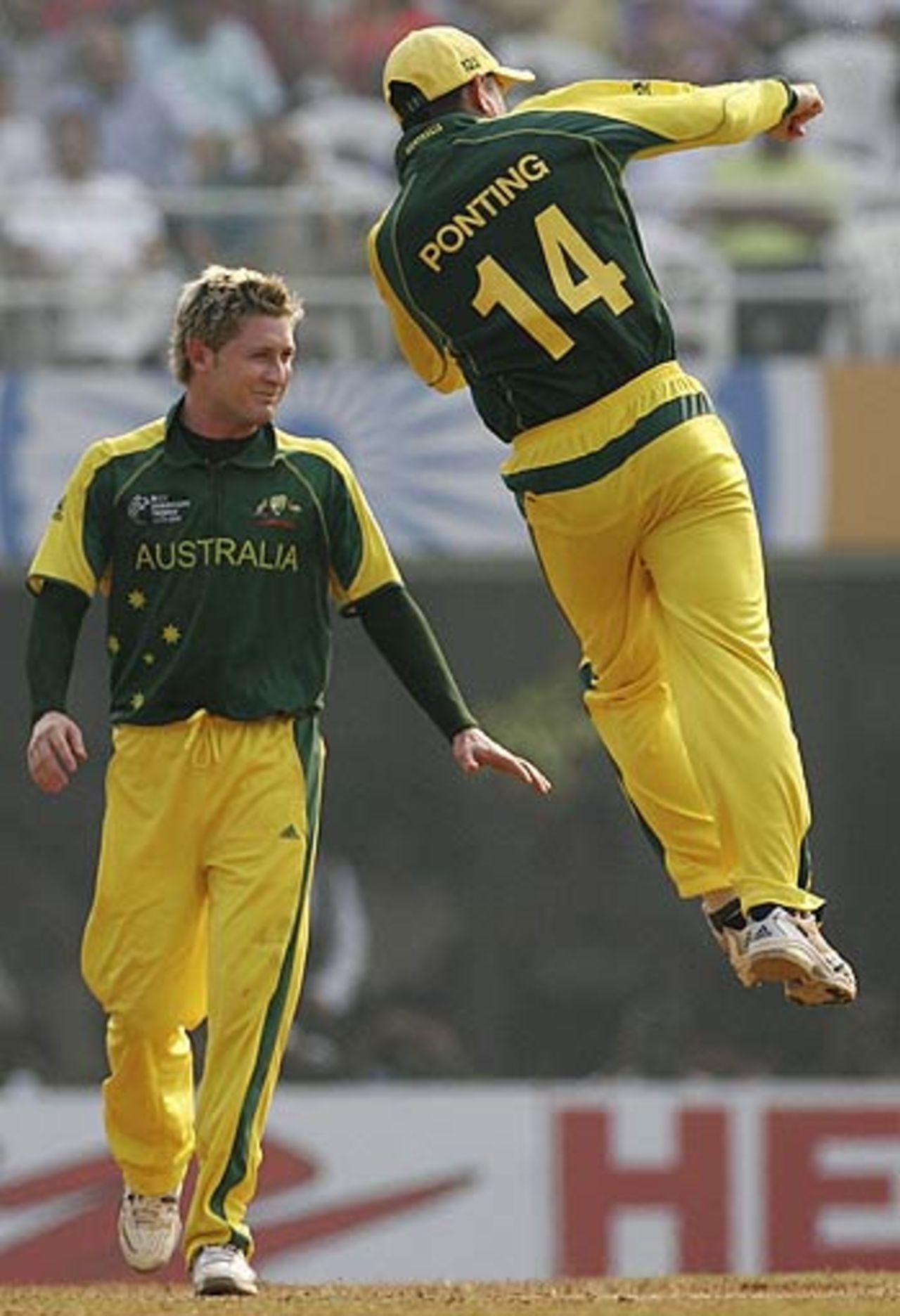 Michael Clarke and Ricky Ponting celebrate wicket No.4, Australia v West Indies, 4th match, Mumbai, October 18, 2006