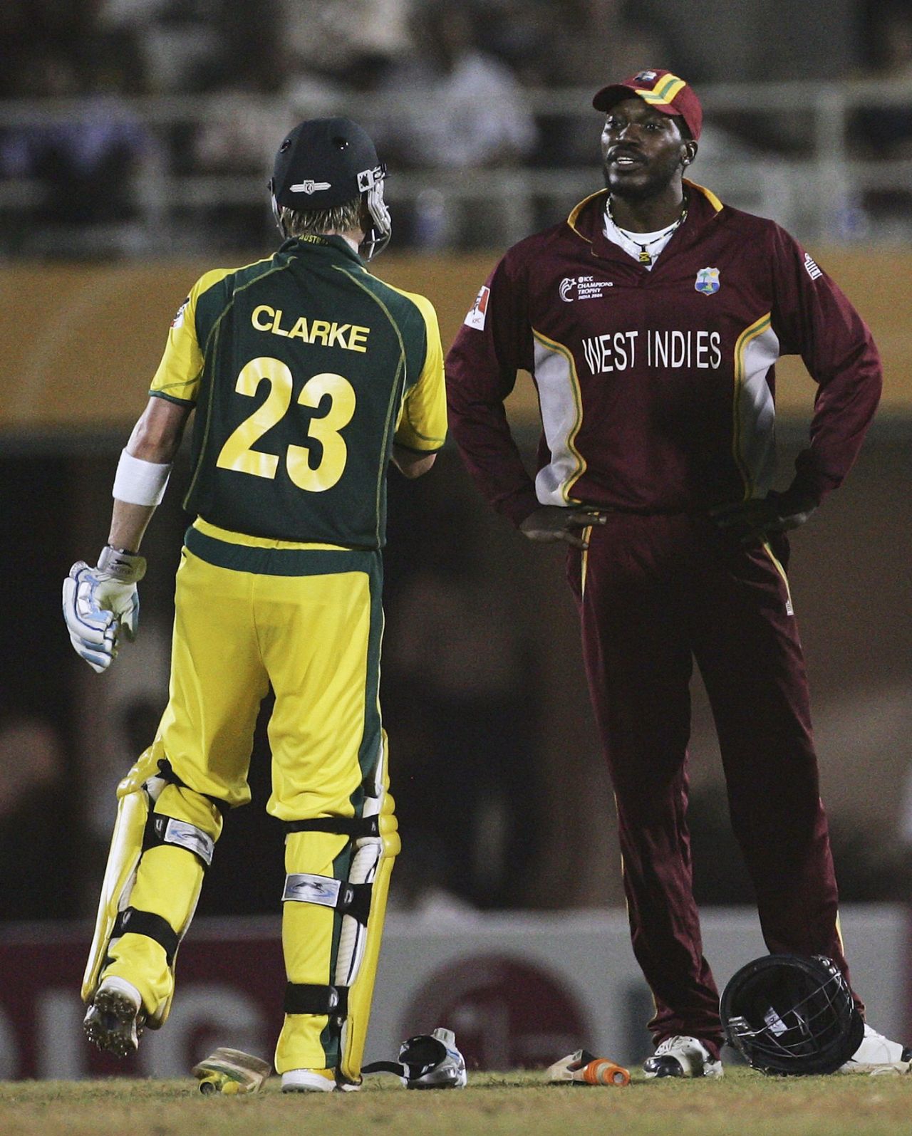 Michael Clarke and Chris Gayle exchange words...and teapots, Australia v West Indies, 4th match, Mumbai, October 18, 2006