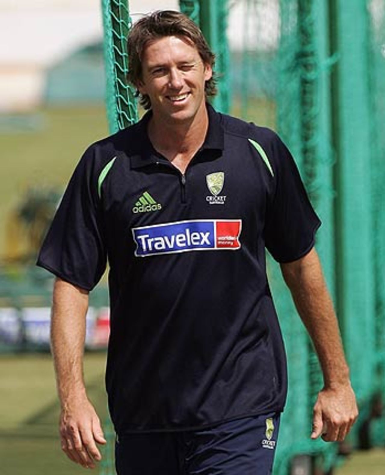 Glenn McGrath enjoys a session at the nets, October 20, 2006