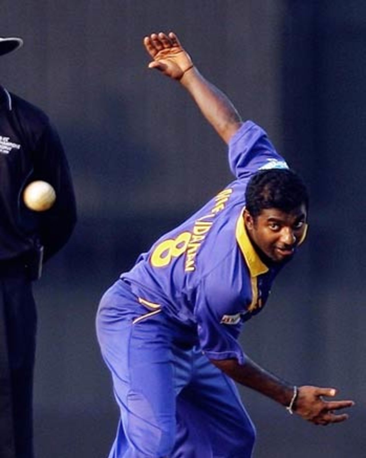 Muttiah Muralitharan on the lookout for another wicket, Sri Lanka v New Zealand, 5th match, Champions Trophy, Mumbai, October 20, 2006