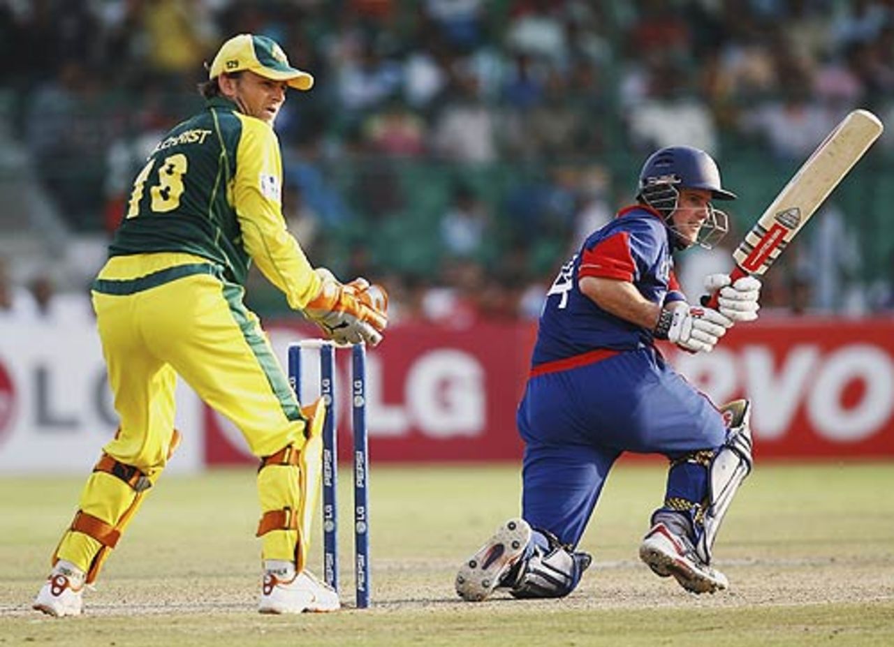 Andrew Strauss plays the sweep, Australia v England, 6th match, Champions Trophy, Jaipur, October 21, 2006