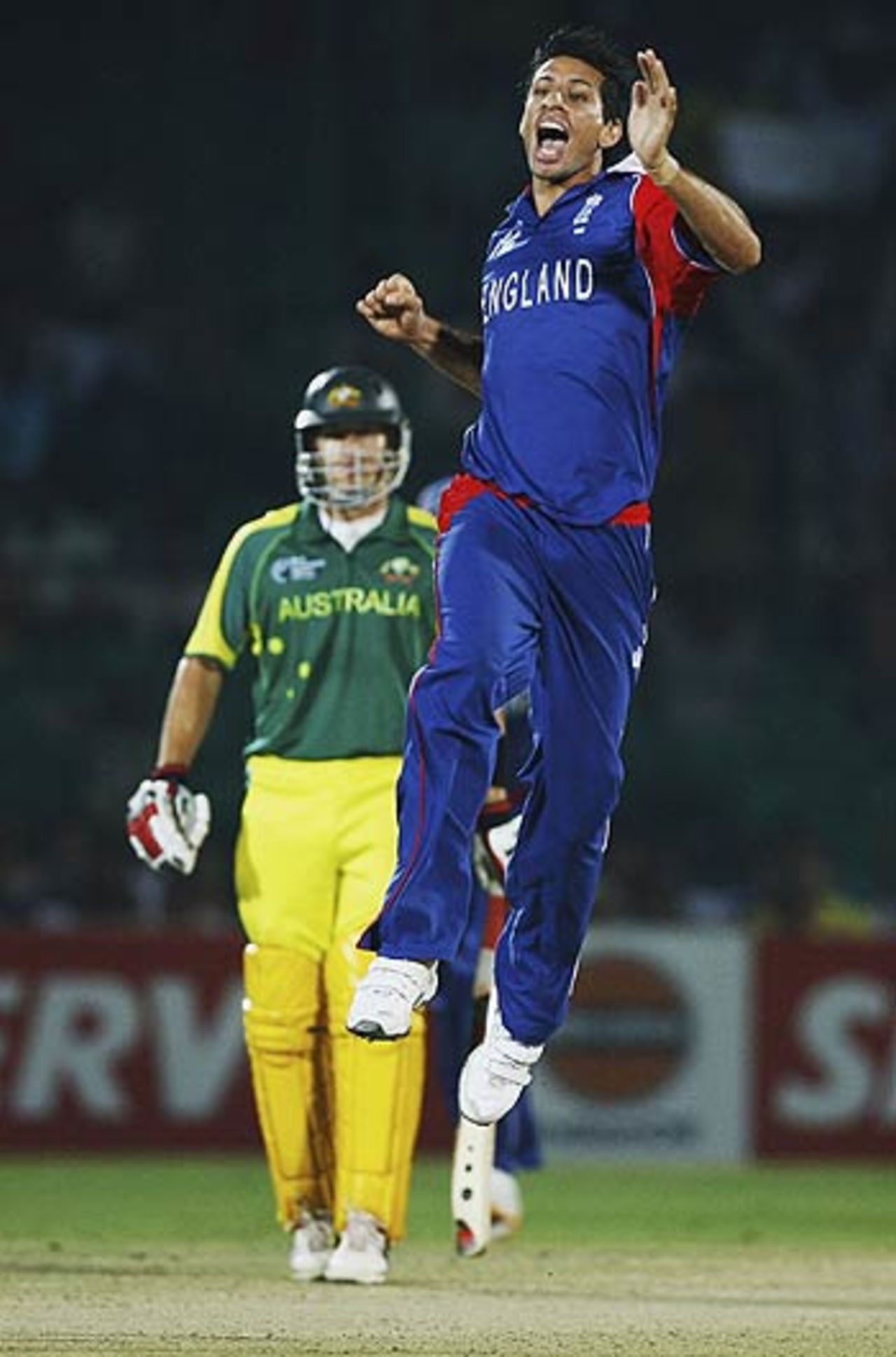 Sajid Mahmood punctuates his second strike, Australia v England, 6th match, Champions Trophy, Jaipur, October 21, 2006