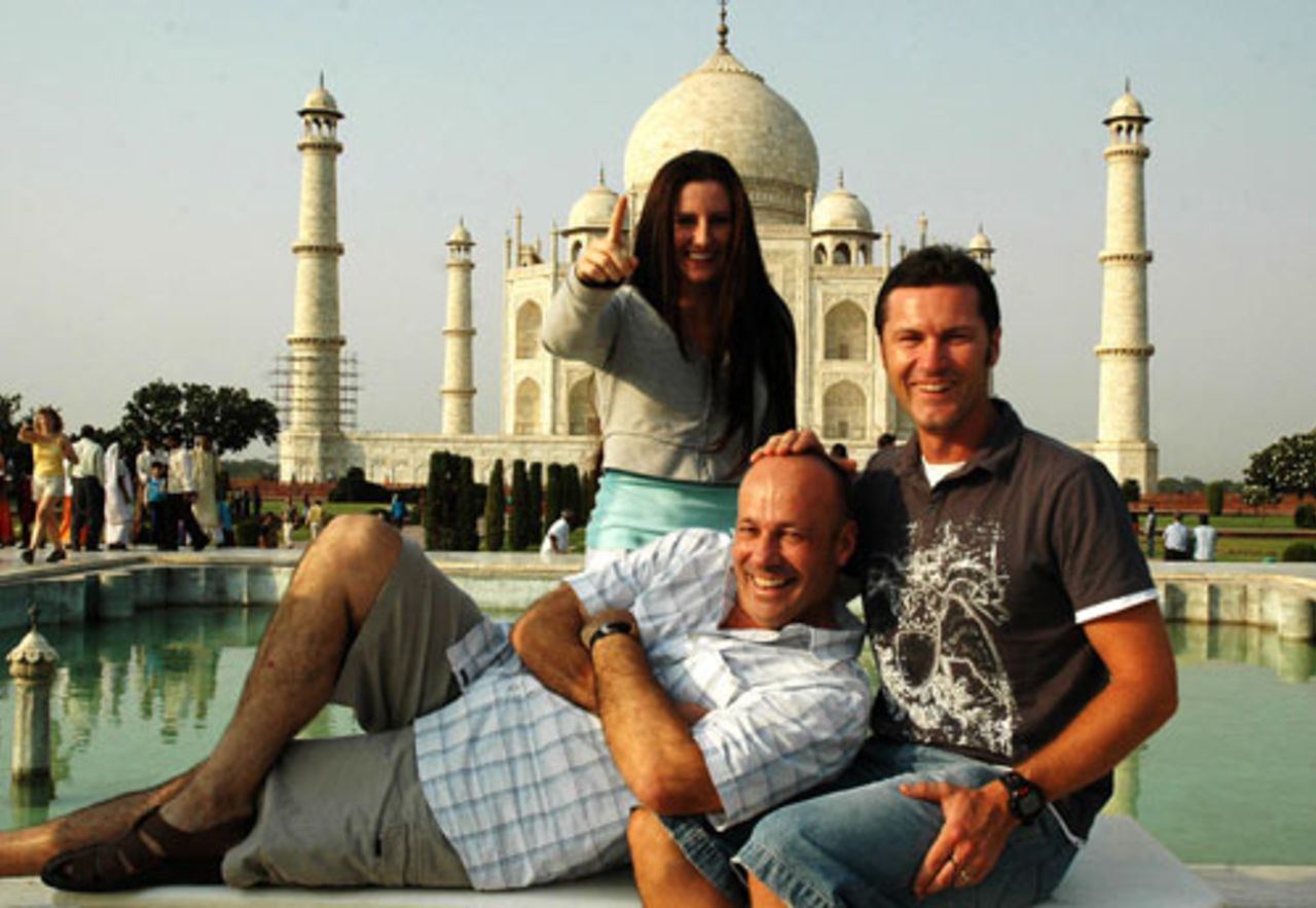 Simon Taufel and Daryl Harper, two of the umpires for the ICC Champions Trophy, enjoy the sights with ICC official Sarah Edgar , Taj Mahal, Agra, October 19, 2006