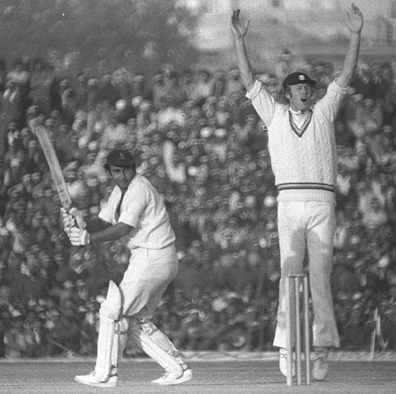 Tony Greig appeals in vain for the wicket of Sunil Gavaskar, India v England, 2nd Test, Calcutta, January 3, 1977