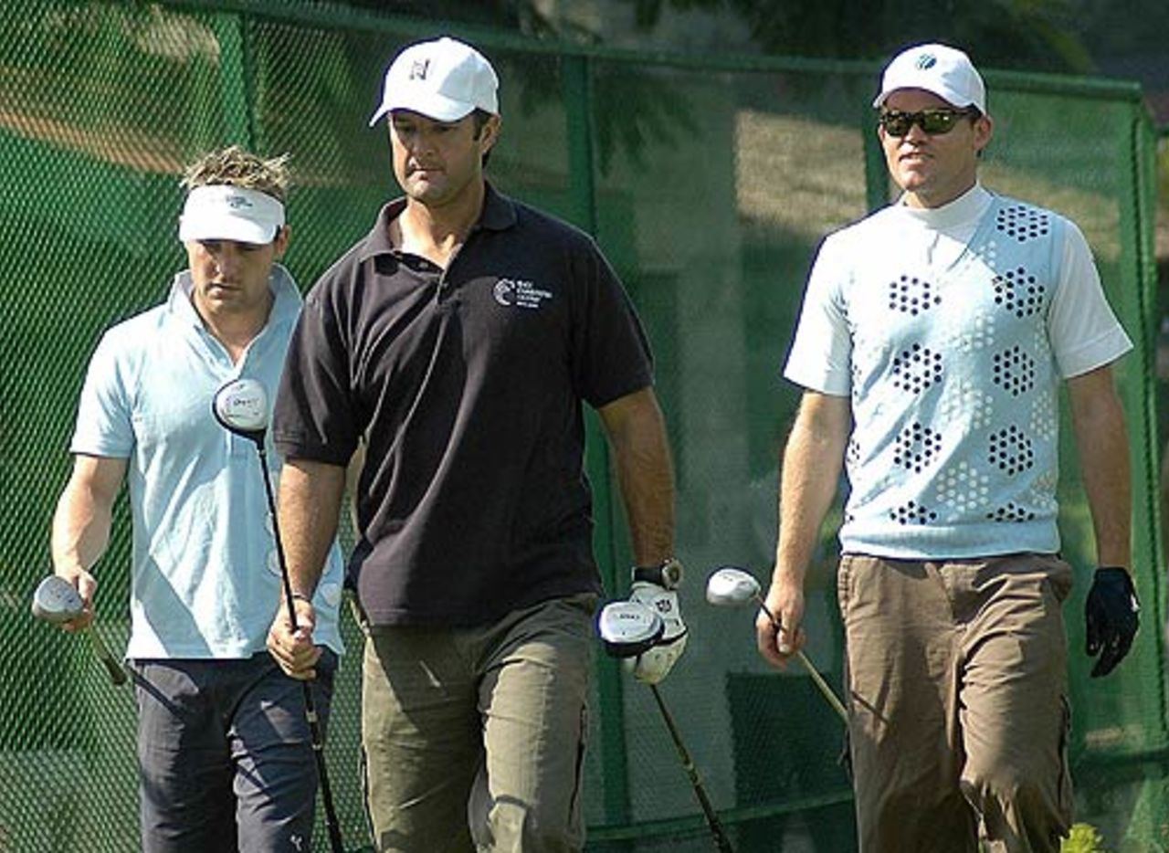 "Who's your caddy?" Brendon McCullum, Nathan Astle and Lou Vincent celebrate their win over Pakistan with a round of golf, Mohali, October 26, 2006