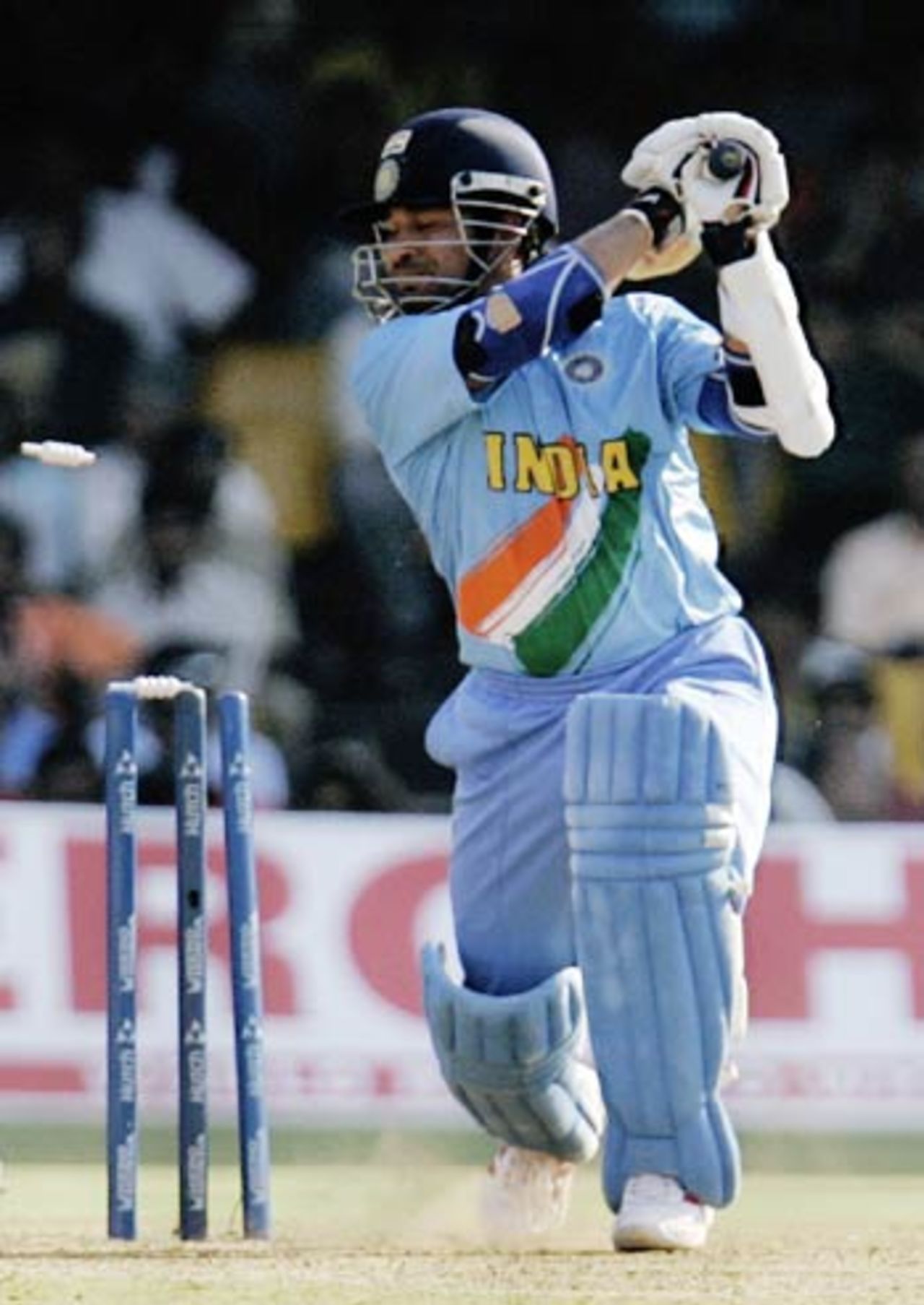 Sachin Tendulkar plays onto his stumps for 29, India v West Indies, 9th match, Champions Trophy, Ahmedabad, October 26, 2006