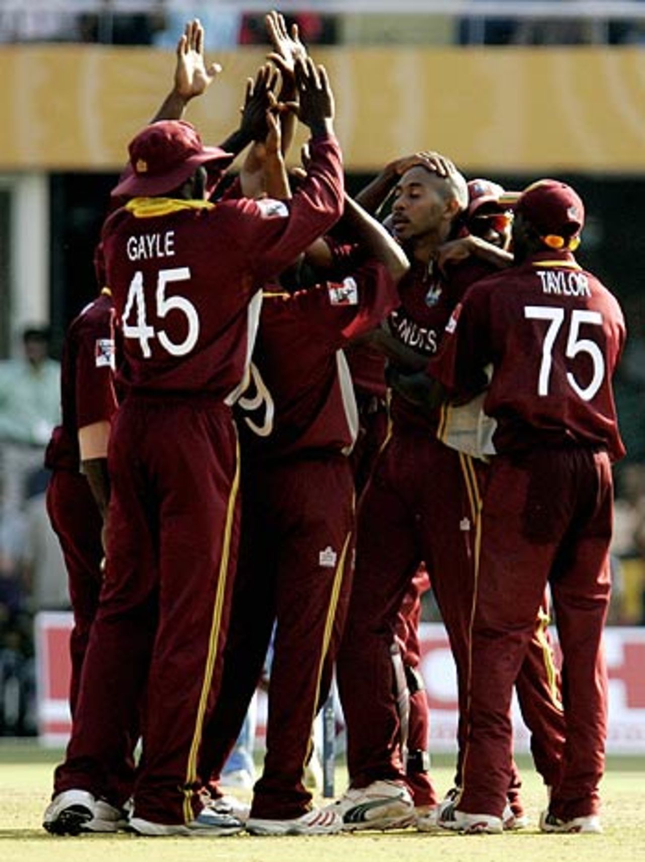 West Indies celebrate one of their early strikes , India v West Indies, 9th match, Champions Trophy, Ahmedabad, October 26, 2006
