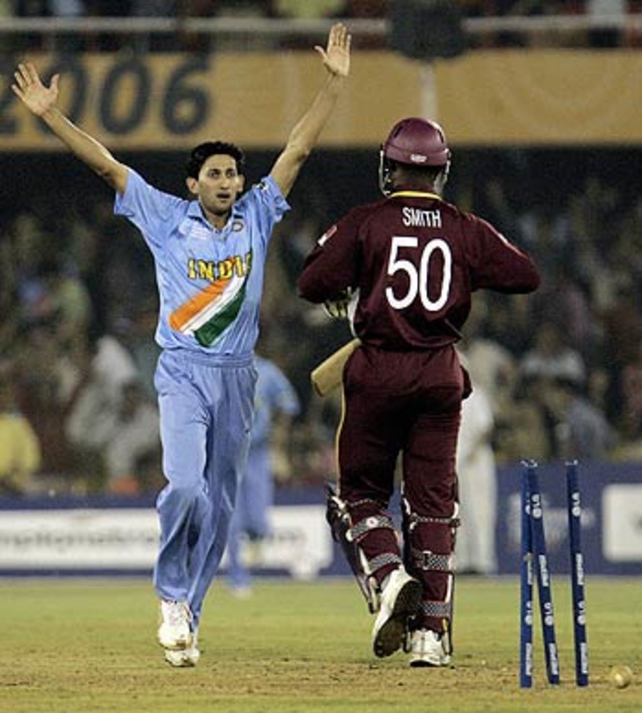 Ajit Agarkar clean bowls Dwayne Smith, India v West Indies, Champions Trophy, 9th match, Ahmedabad, October 26, 2007