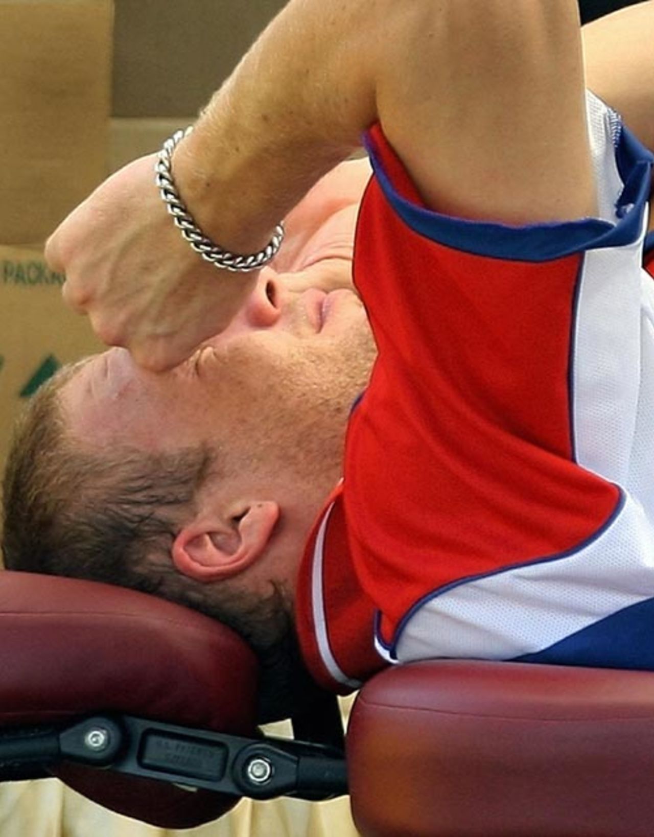 Andrew Flintoff relaxes on the massage table, Ahmedabad, October 27, 2006