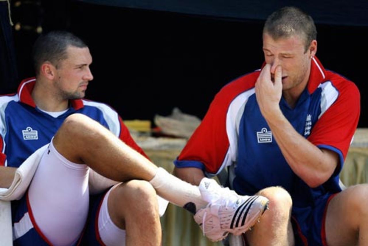 "When did you last change those socks?" Andrew Flintoff and Steve Harmison after a net session, Ahmedabad, October 27, 2006