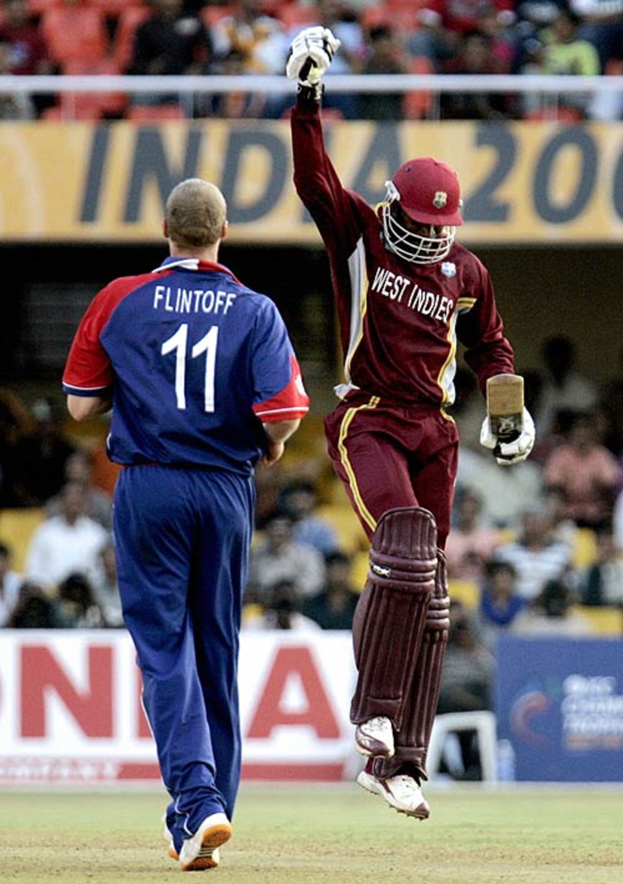 One man's joy, another man's...Chris Gayle scores his 100th run off Andrew Flintoff, England v West Indies, 17th match, Champions Trophy, Ahmedabad, October 28, 2006