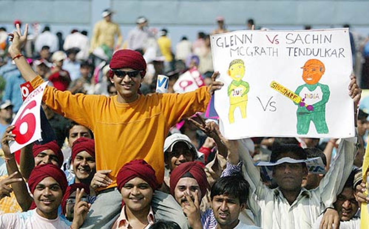 Indian fans anticipate a tense contest between Sachin Tendulkar and Glenn McGrath, India v Australia, 18th match, Champions Trophy, October 29, 2007