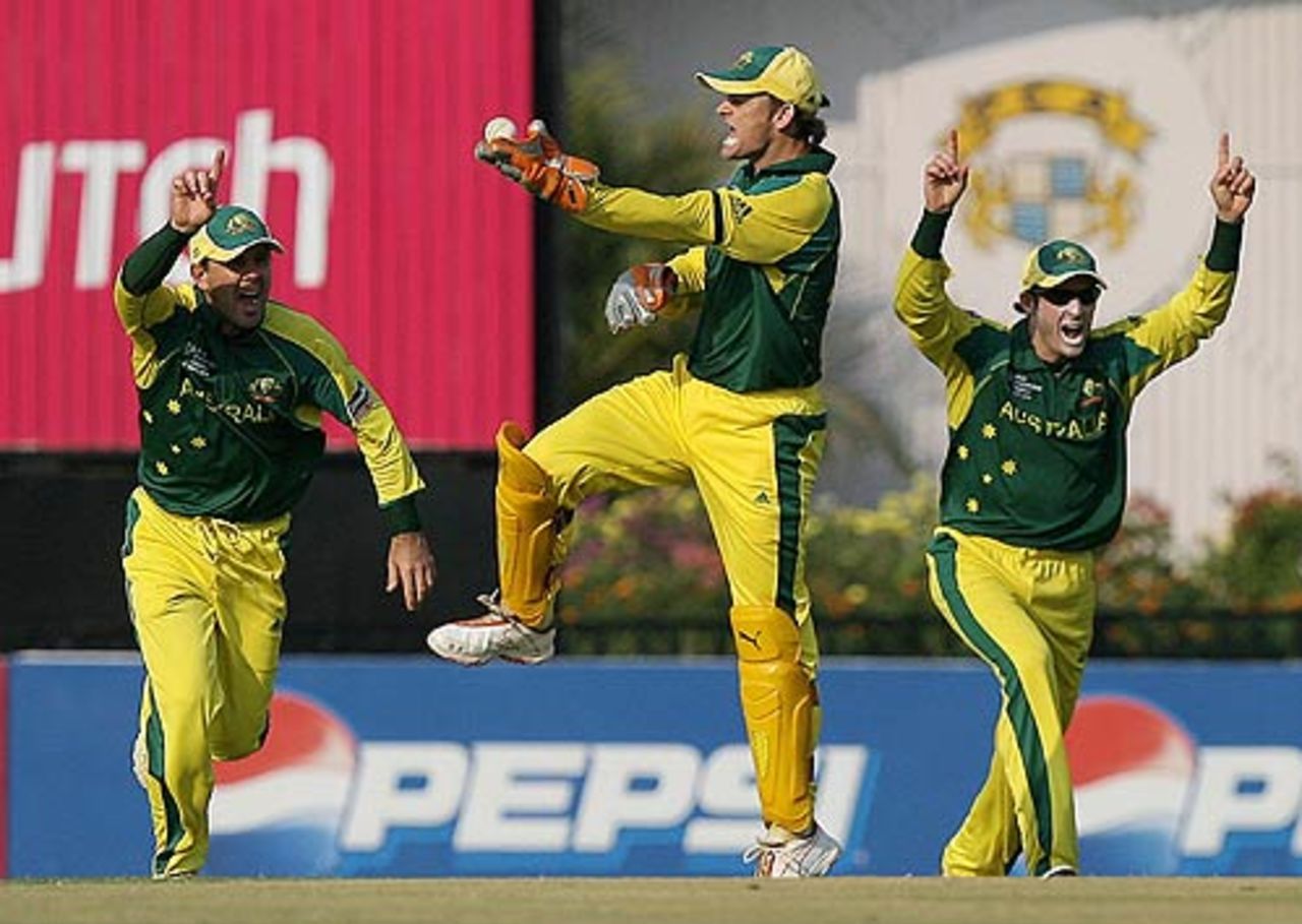 The Australians celebrate Sachin Tendulkar's wicket, India v Australia, 18th match, Champions Trophy, October 29, 2007