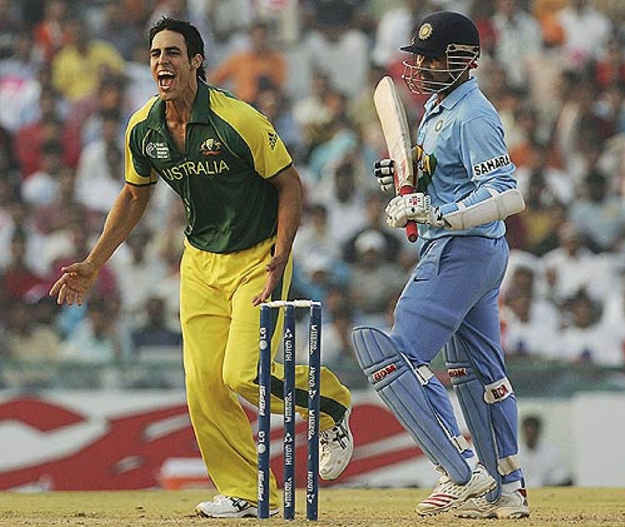 Mitchell Johnson trapped Virender Sehwag lbw, India v Australia, 18th match, Champions Trophy, October 29, 2007