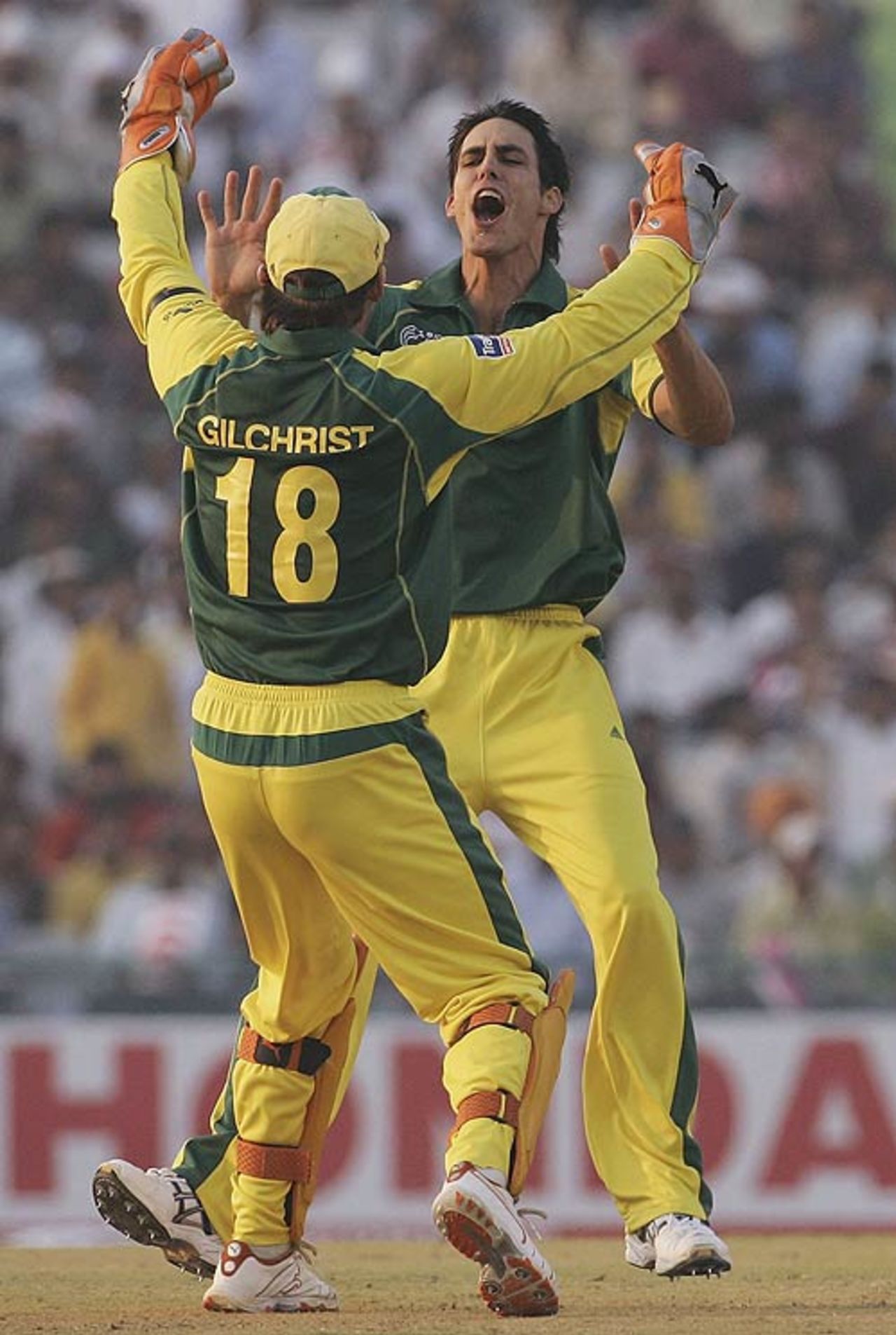 Mitchell Johnson and Adam Gilchrist celebrate Virender Sehwag's wicket, India v Australia, 18th match, Champions Trophy, October 29, 2007
