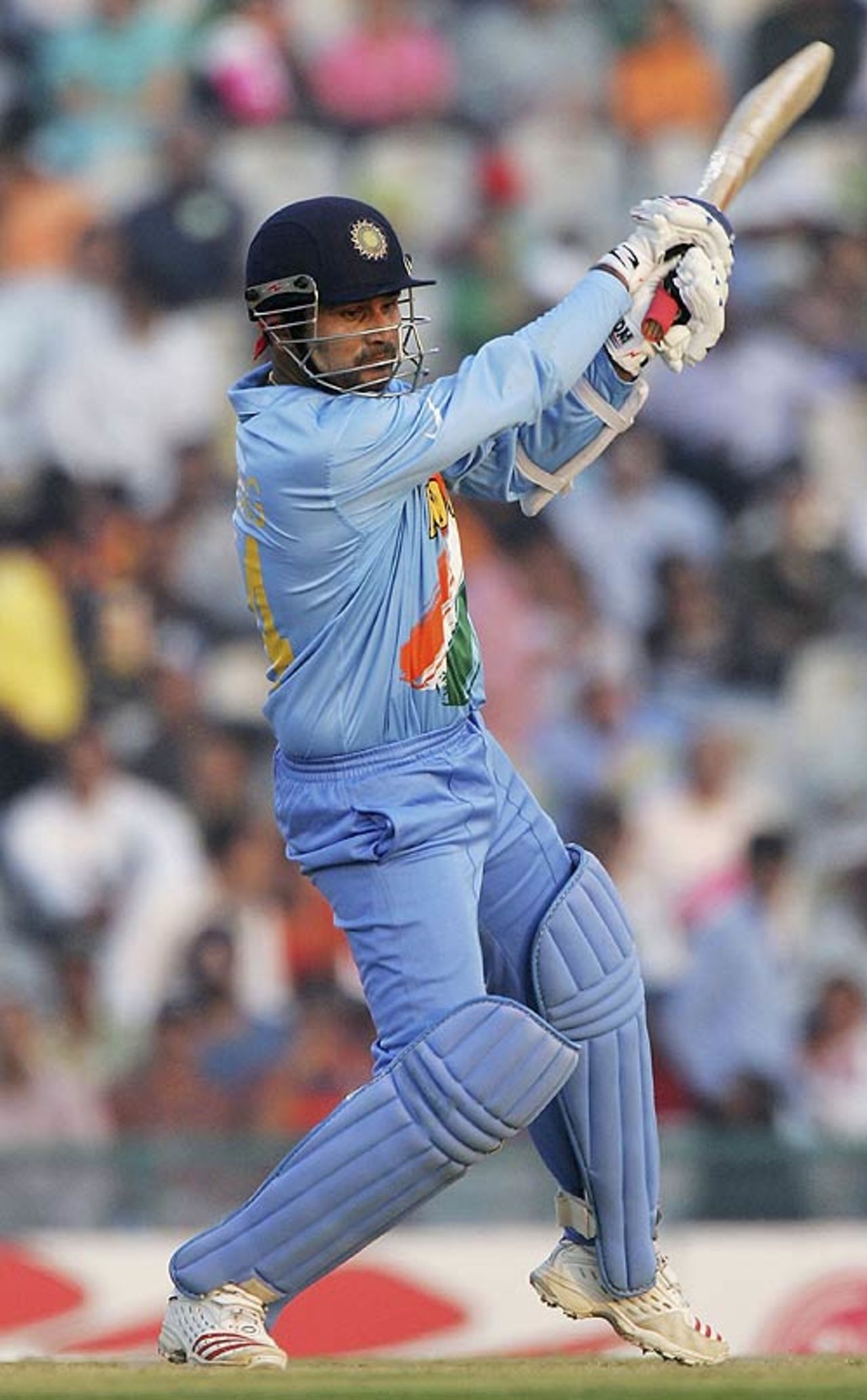Virender Sehwag cracks a four during his innings of 65, India v Australia, 18th match, Champions Trophy, October 29, 2007