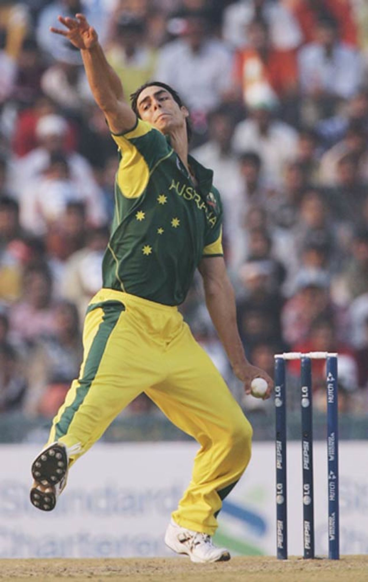 Mitchell Johnson in full flow, India v Australia, 18th match, Champions Trophy, October 29, 2007