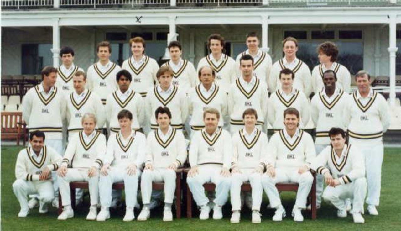 Back Row: l/r Neil Taylor, Shaun Morris, Shaun Udal, Ian Turner, Kevin Shine, Martin Thursfield, Darren Flint, Rpert Cox<br>Centre: Tim Tremlett, Adi Aymes, Aqib Javed, Kevan James, P-J Bakker, Jon Ayling, Tony Middleton, Cardigan Connor, Peter Sainsbury (coach)<br>Front: Rajesh Maru, David Gower, Paul Terry, Mark Nicholas (captain), Chris Smith, Bob Parks, Robin Smith, Julian Wood