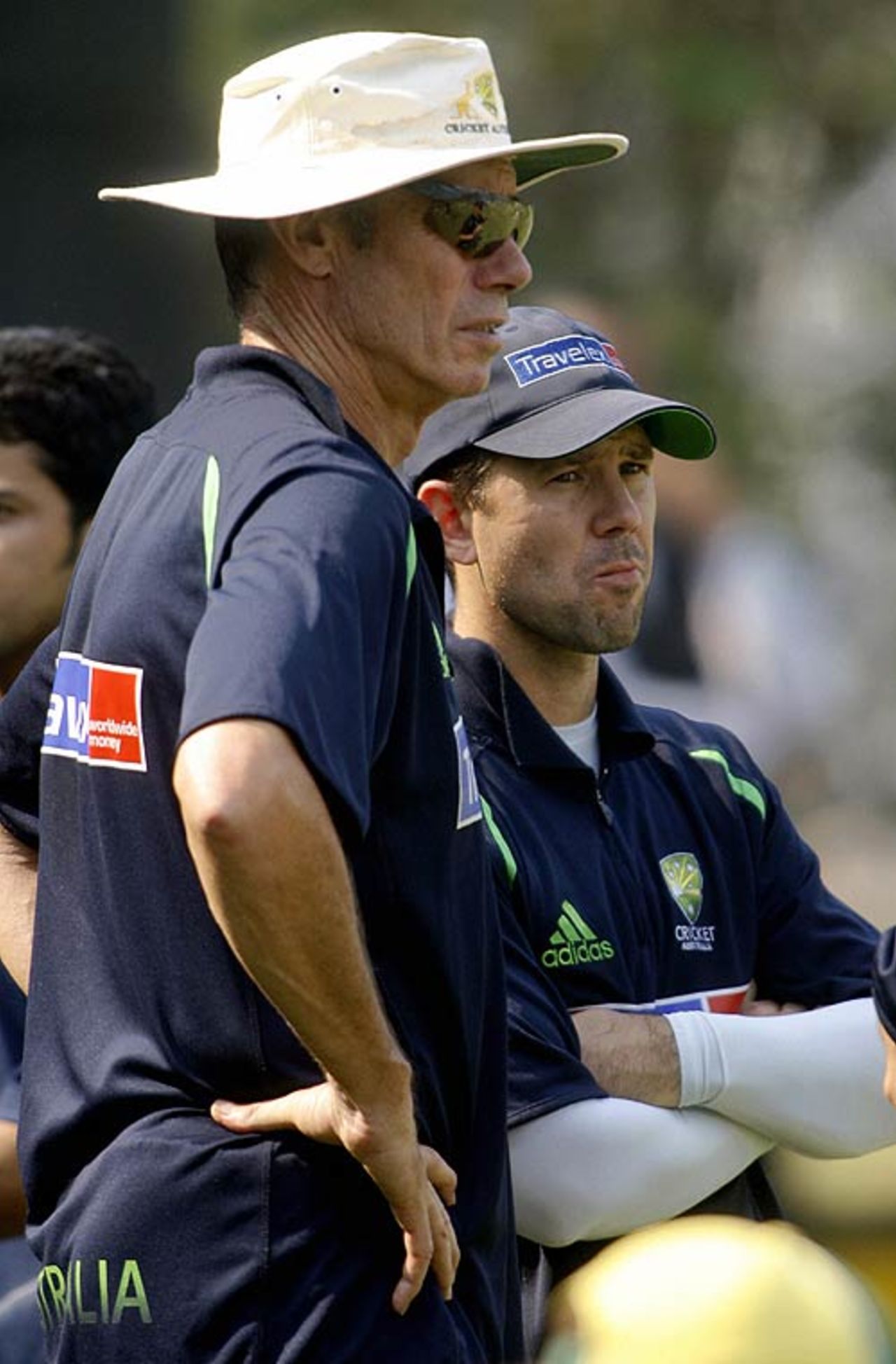 John Buchanan and Ricky Ponting survey a nets session on the eve of the first semi-final, PCA Stadium, Mohali, October 31, 2006