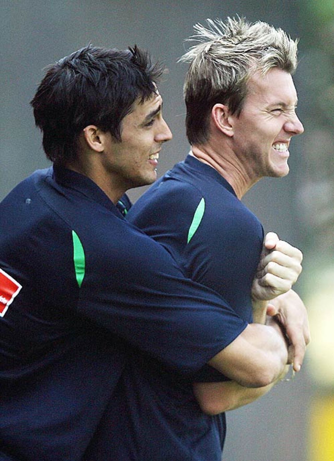 Mitchell Johnson and Brett Lee in a more relaxed mood on the eve of the first semi-final, PCA Stadium, Mohali, October 31, 2006