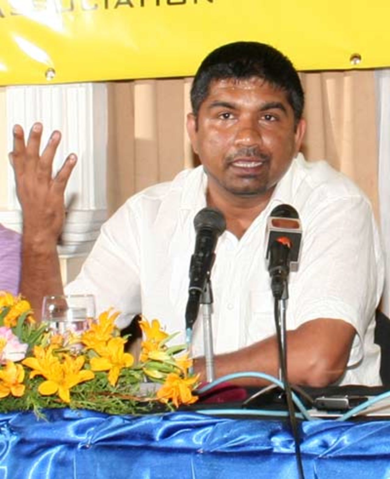 Pramodaya Wickramasinghe, president of the Sri Lanka Cricketers' Association addressing the media in Colombo