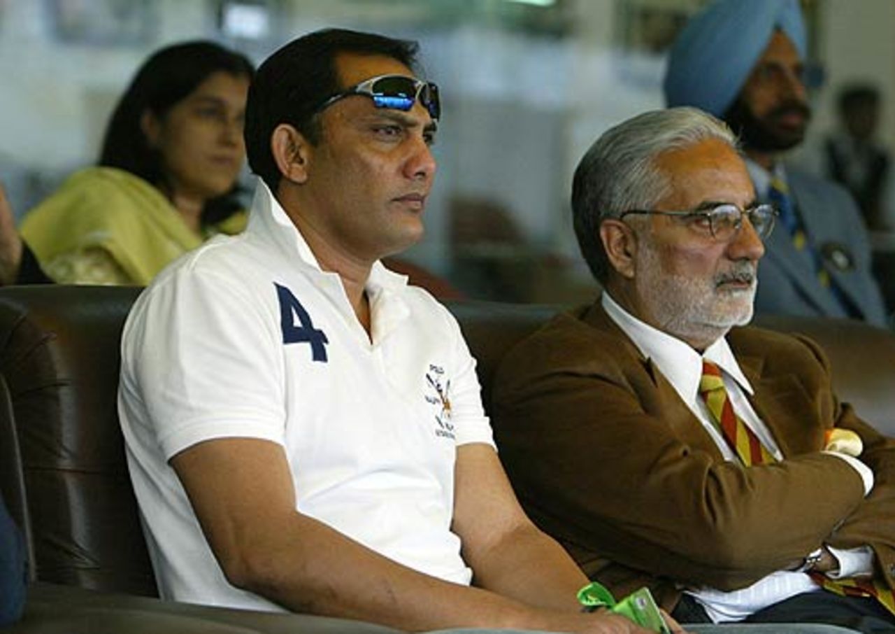 Mohammad Azharuddin and Inderjit Singh Bindra watch the proceedings, Australia v New Zealand, 1st semi-final, Champions Trophy, Mohali, November 1, 2006 