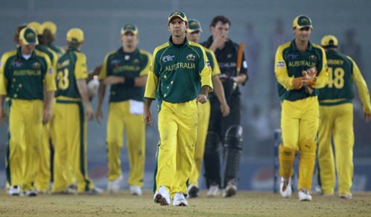 Ricky Ponting leads his men to the pavilion after another successful day at office, Australia v New Zealand, 1st semi-final, Champions Trophy, Mohali, November 1, 2006 