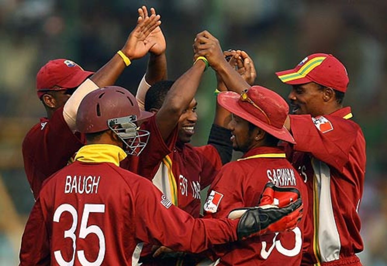 Jacques Kallis falls and West Indies celebrate, South Africa v West Indies, 2nd semi-final, Champions Trophy, Jaipur, November 2, 2006