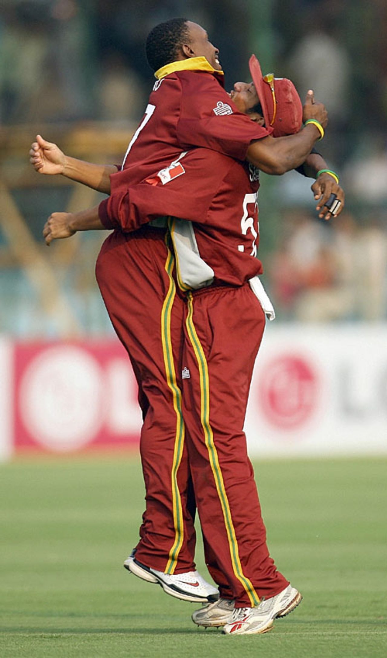 Dwayne Bravo and Ramnaresh Sarwan celebrate the fall of Jacques Kallis, South Africa v West Indies, 2nd semi-final, Champions Trophy, Jaipur, November 2, 2006