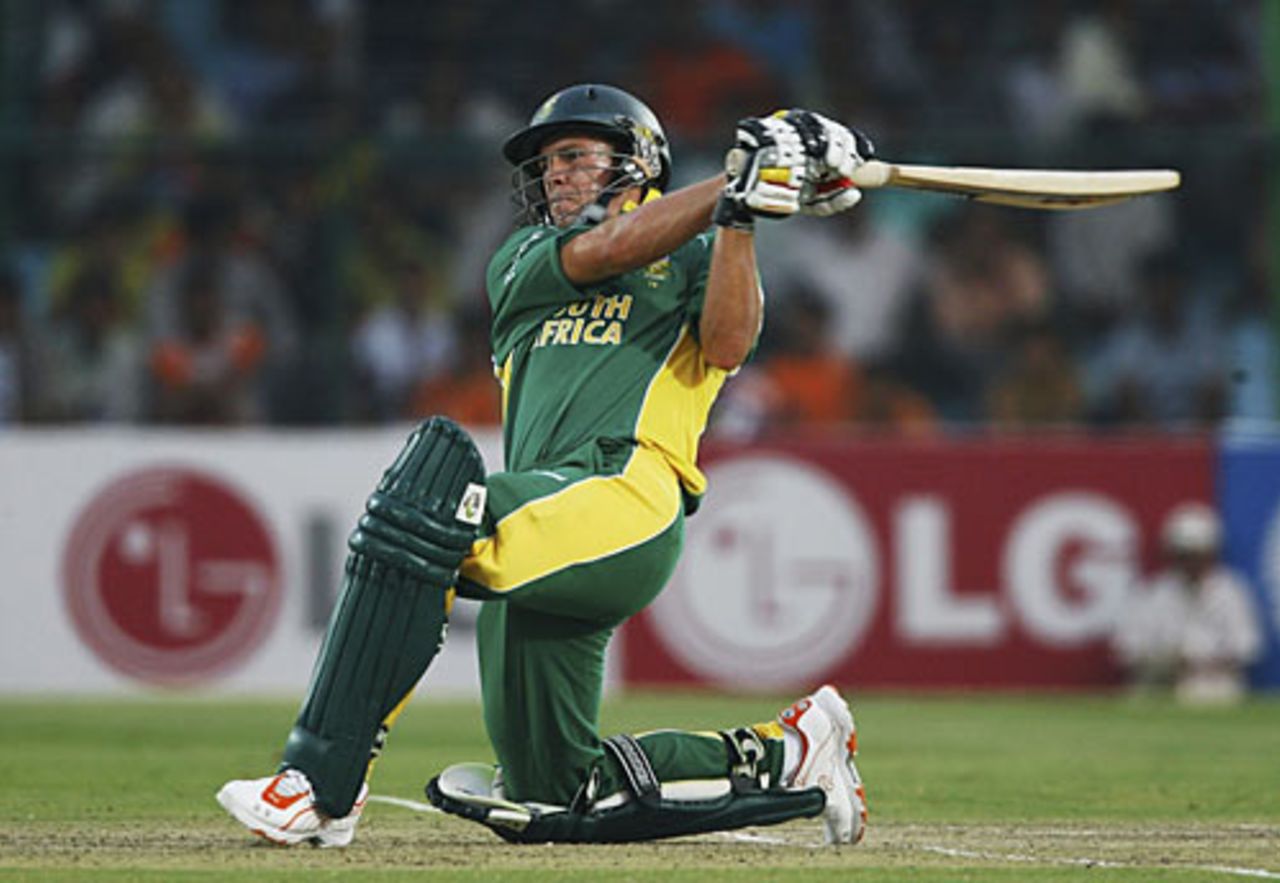 Down on one knee, AB de Villiers clobbers one over the top, South Africa v West Indies, 2nd semi-final, Champions Trophy, Jaipur, November 2, 2006