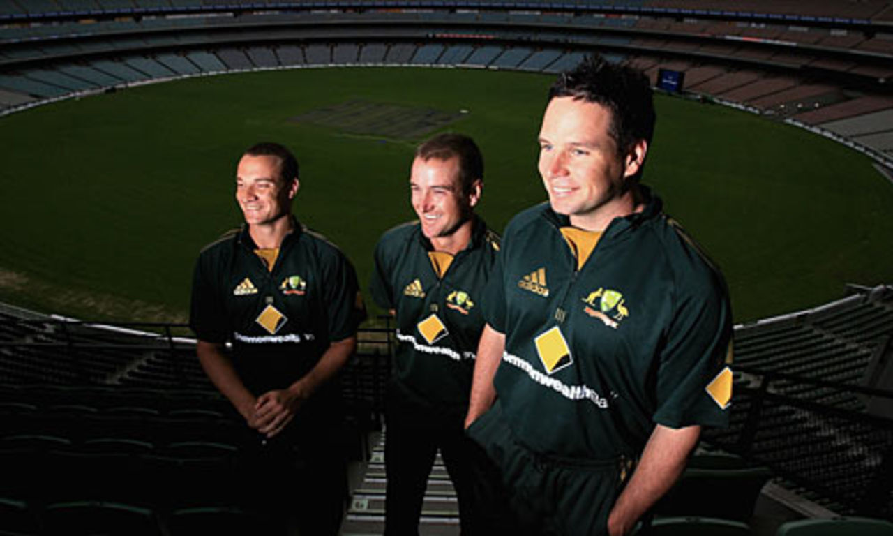 Stuart Clark, Phil Jaques and Brad Hodge model the new Commonwealth Bank one-day international kit, Melbourne, November 2, 2006