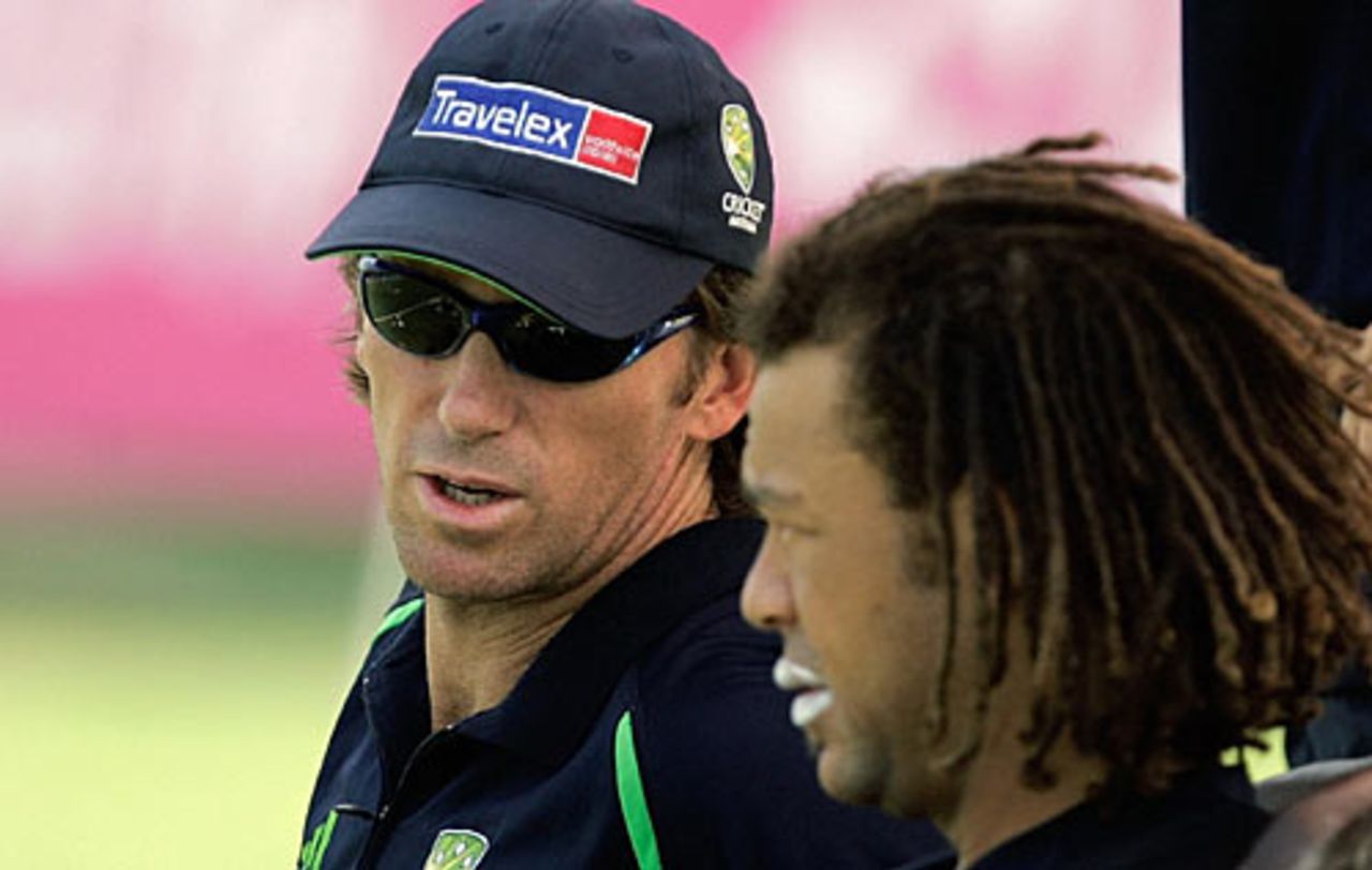 Glenn McGrath and Andrew Symonds in serious mood, Brabourne Stadium, Mumbai, November 3, 2006