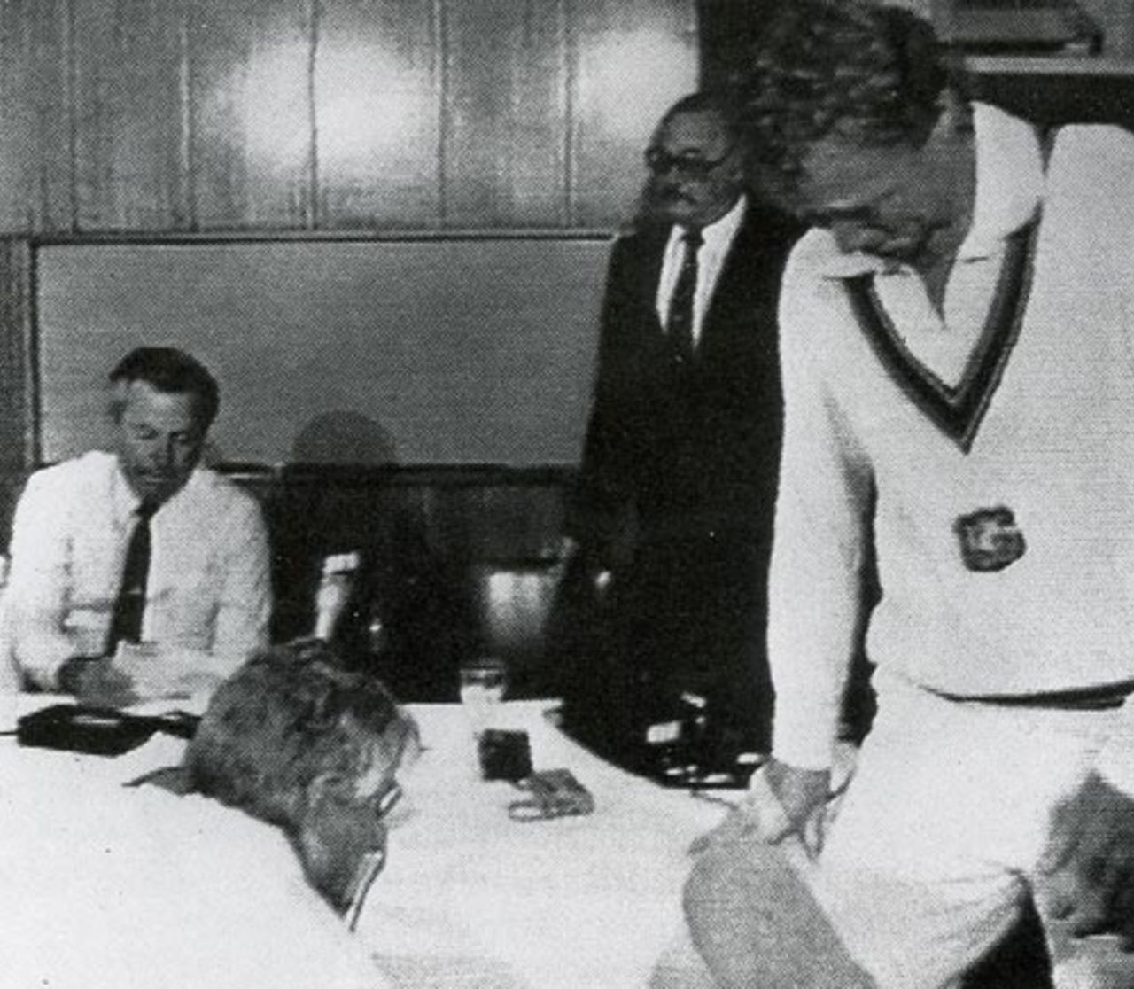 A tearful Kim Hughes walks out of a media conference after announcing his resignation as captain, Brisbane, November 26, 1984