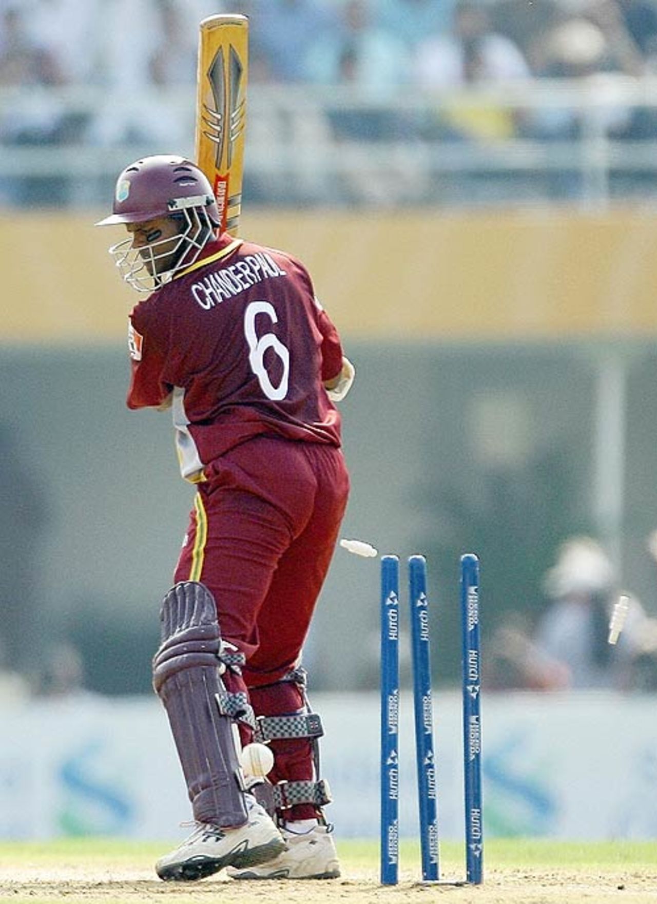 Shivnarine Chanderpaul drags one back on to his stumps, West Indies v Australia, Champions Trophy final, Mumbai, November 5, 2006