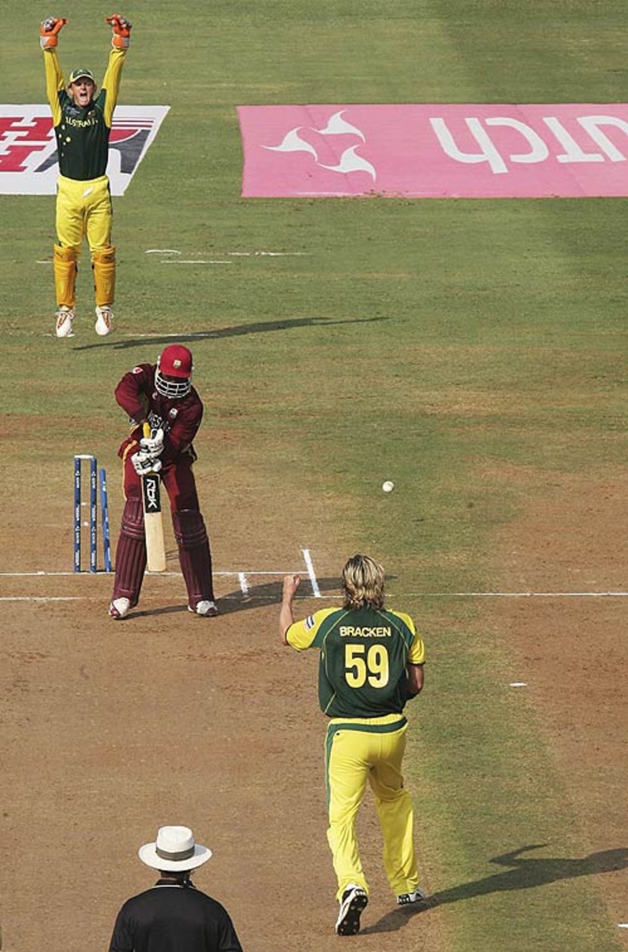 Nathan Bracken pegs back Chris Gayle's off stump, West Indies v Australia, Champions Trophy final, Mumbai, November 5, 2006