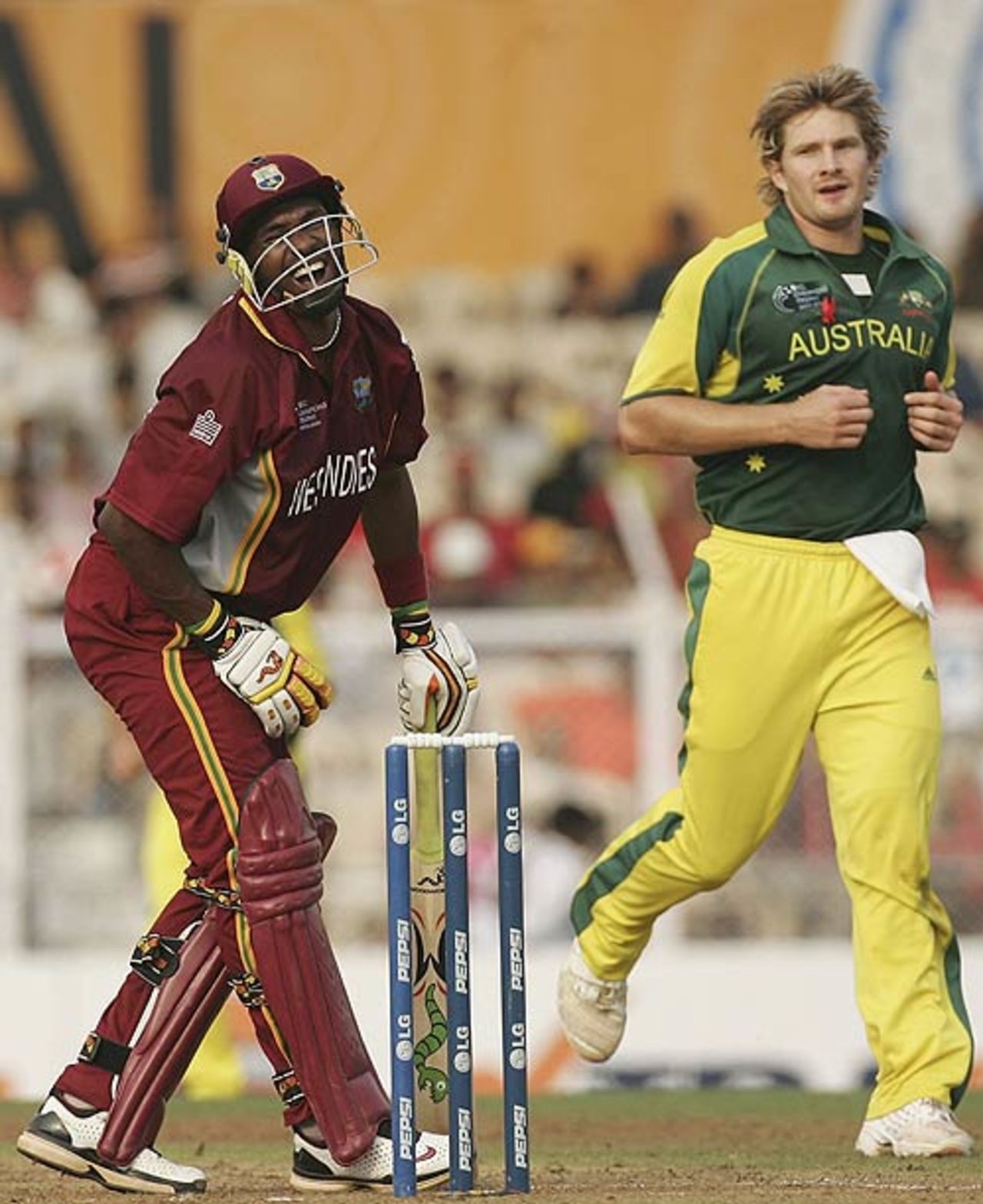 Dwayne Bravo gets hit by Shane Watson, West Indies v Australia, Champions Trophy final, Mumbai, November 5, 2006