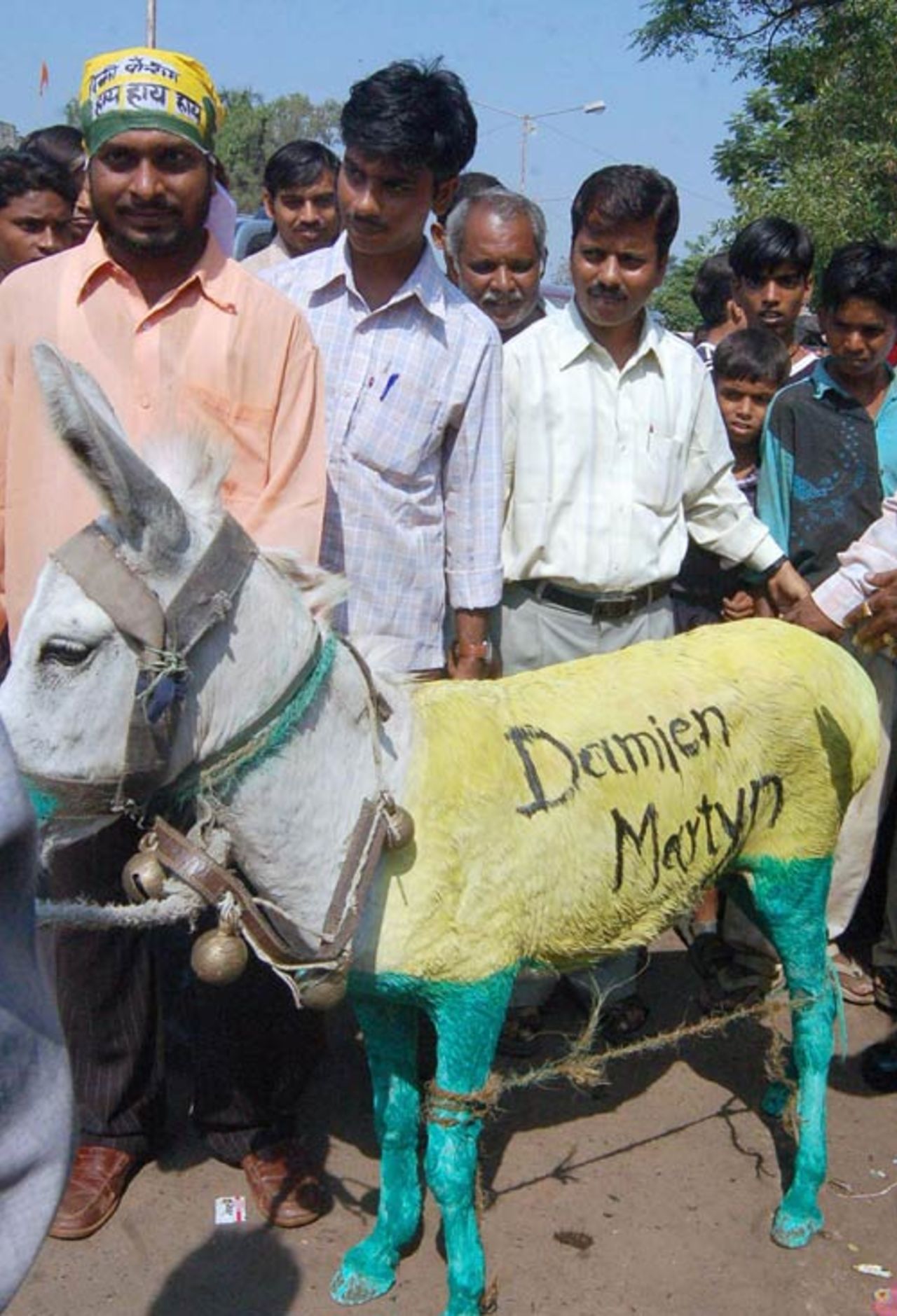Indian supporters surround a donkey to register their displeasure at Australia's reported behaviour in the ICC Trophy final presentation, Mumbai, November 7 2006