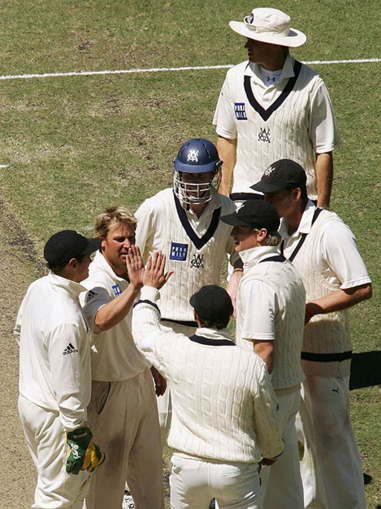Shane Warne's Victoria team-mates congratulate him on a wicket, Victoria v Tasmania, Pura Cup, 4th day, Melbourne, November 17, 2006