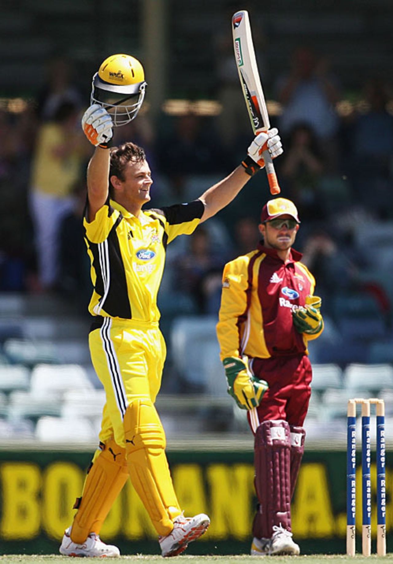 Adam Gilchrist celebrates his brilliant 63-ball hundred, the second fastest in the history of the Australia domestic one-day competition, Western Australia v Queensland, Ford Ranger One Day Cup, Perth, November 17, 2006