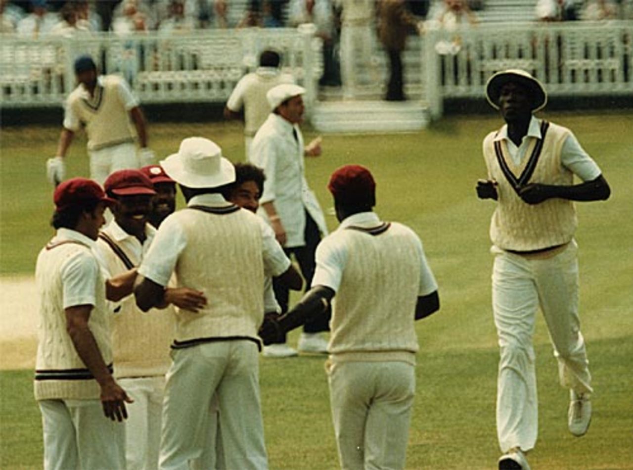 West Indies' players congratulate Michael Holding on catching Kapil Dev in the deep, India v West Indies, Prudential World Cup final, June 25, 1983