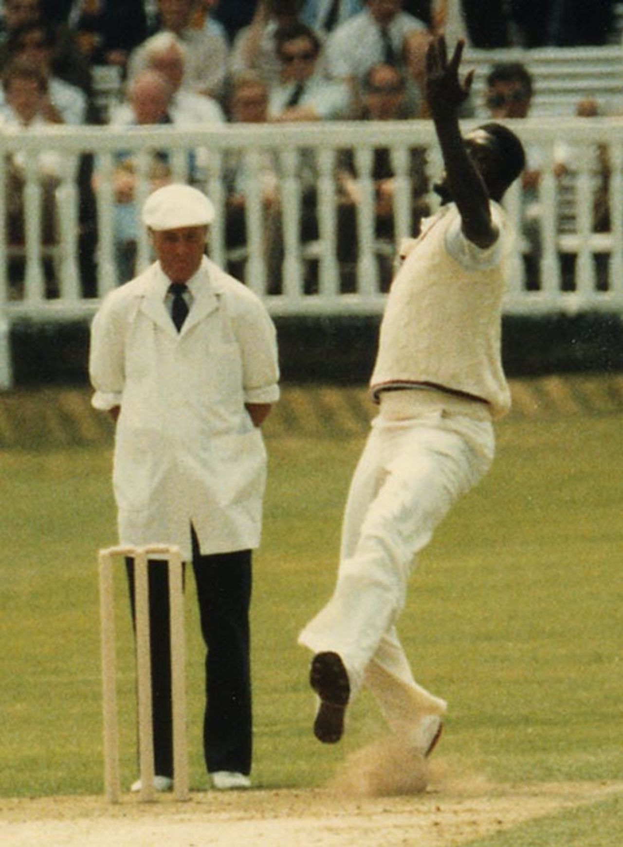 Joel Garner in action -  he took 1 for 24 off 12 overs, India v West Indies, Prudential World Cup final, June 25, 1983
