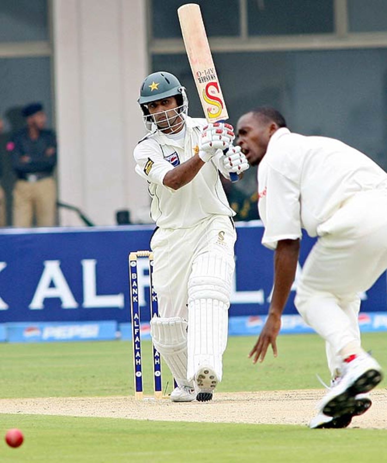 Mohammad Hafeez drives the ball off Daren Powell's bowling, second Test, Multan, West Indies v Pakistan, November 19, 2006