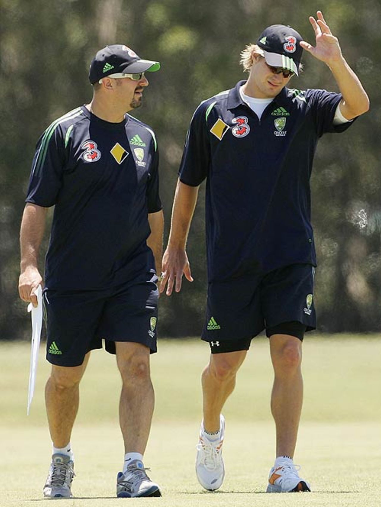 Shane Watson with the Australia physiotherapist Alex Kountouris during Australia's net session at Brisbane Grammar School, Brisbane, November 20, 2006