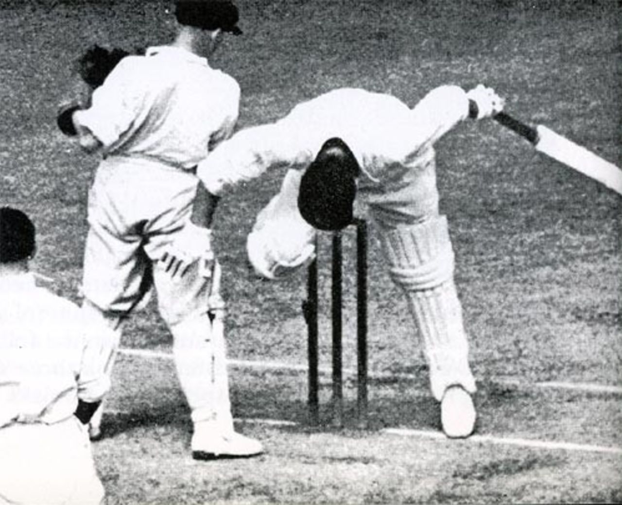 Stan Worthington topples onto his stumps after pulling Chuck Fleetwood-Smith, Australia v England, MCG, 5th Test,  March 7, 1937