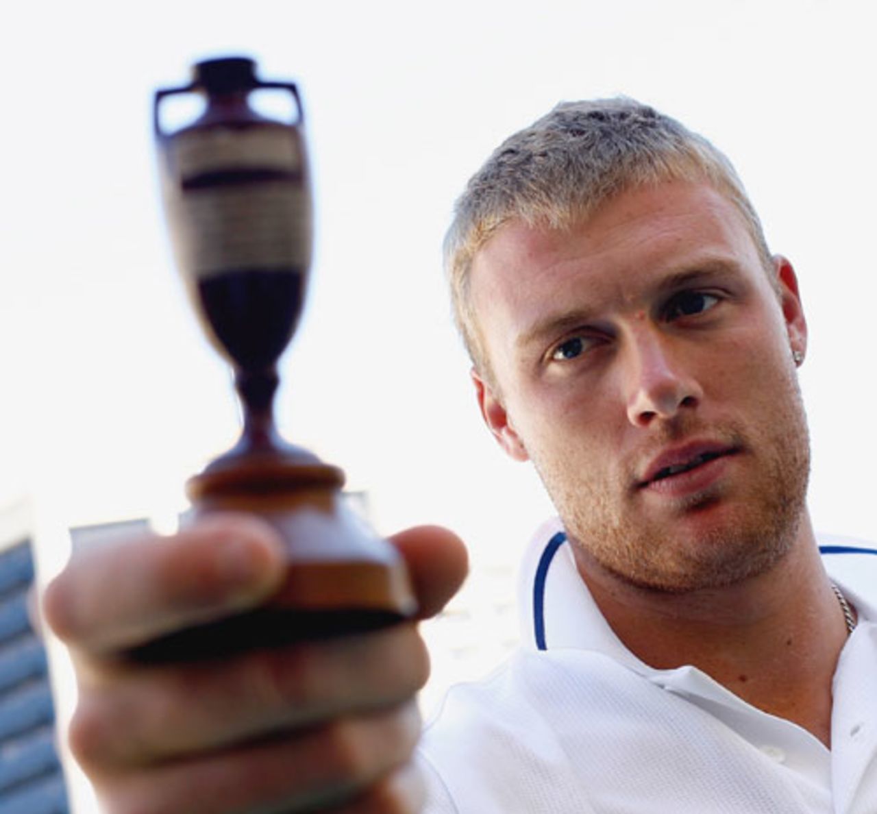 Almost the end of the phony war: Andrew Flintoff poses with the urn, Brisbane, November 21, 2006