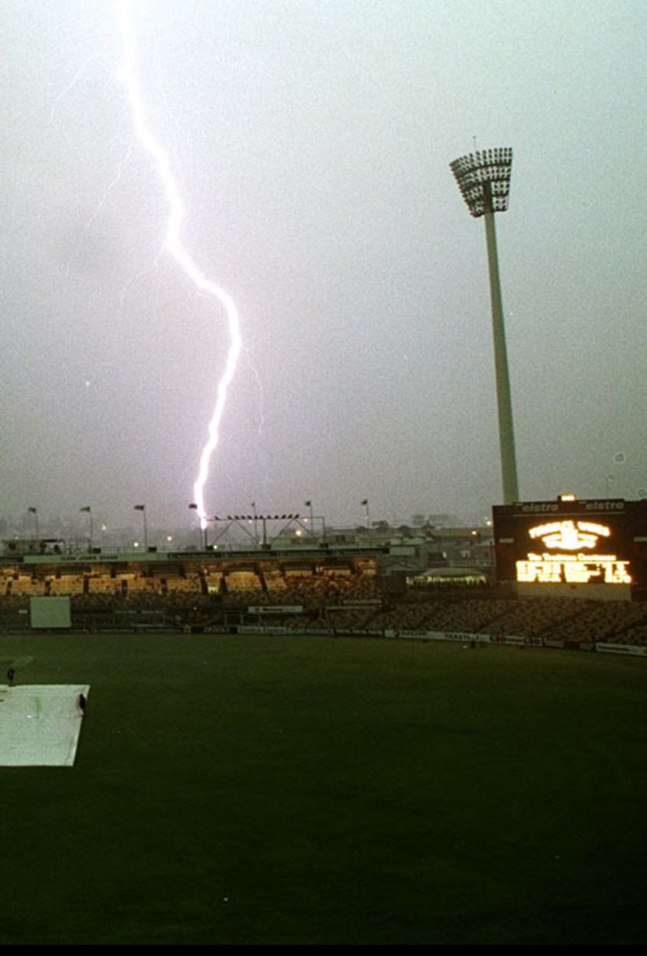 A violent electrical storm stops play at Brisbane, Australia v England, 1st Test, Brisbane, November 24, 1998